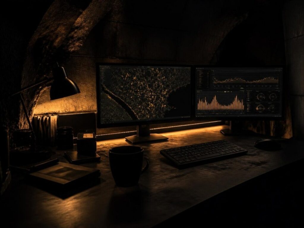 La Batcueva: escritorio de trabajo con mapas y gráficas bajo luz ámbar